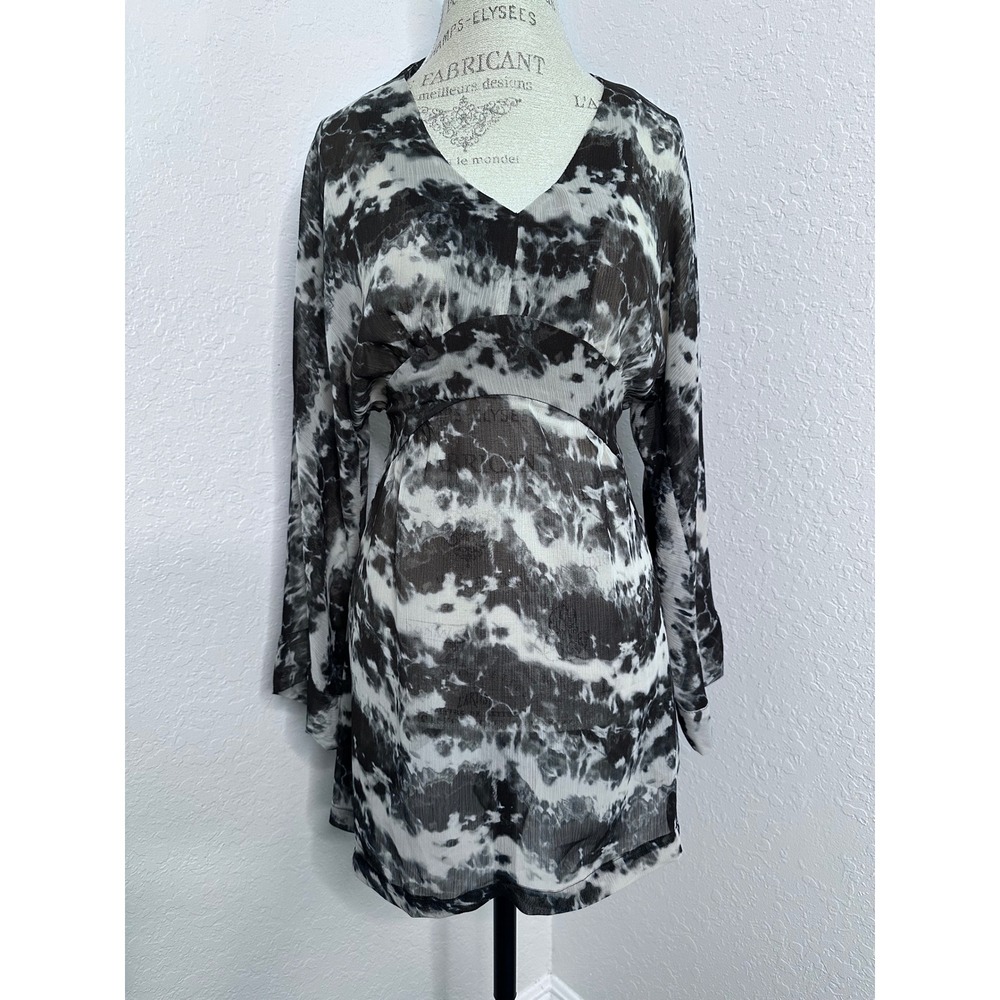 Alberto Makali Black White Tie Dye V-Neck Mini Dress Sheer Gathered Waist - Picture 2 of 9